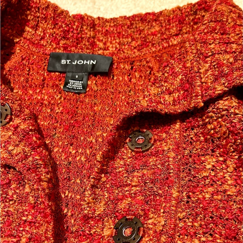 St. John Textured  Tweed Sweater with Fringe With Snap Closure Size S